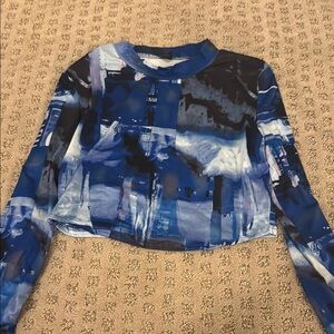 Abstract Blue Long Sleeve Crop Top